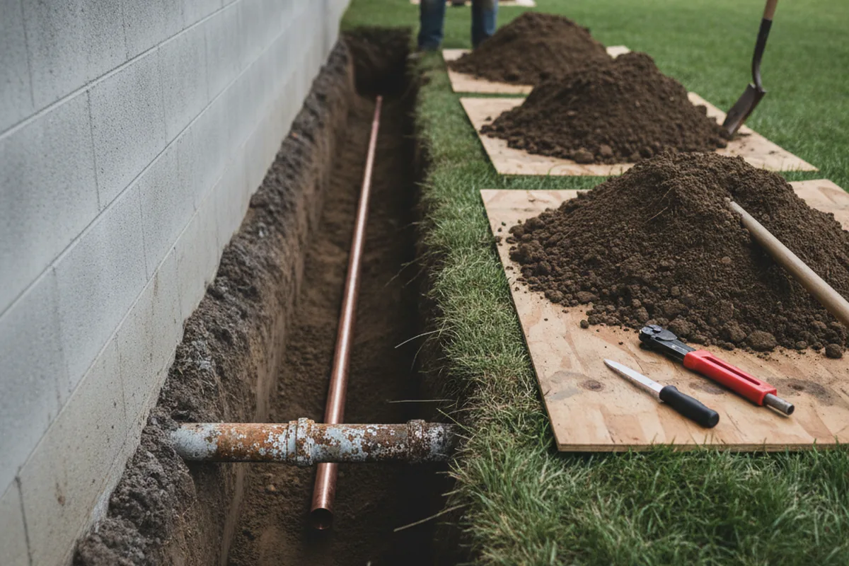 Excavated water line trench during Sewer Line Repair in New Cumberland